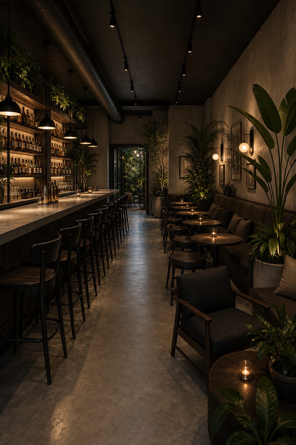 The long, narrow interior of Coupe & Stem with a bar and stools along one wall, banquette seating and greenery along the other